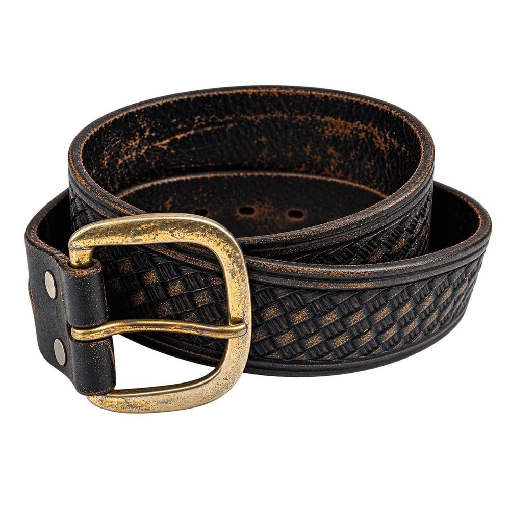 Distressed woven leather belt with brass buckle